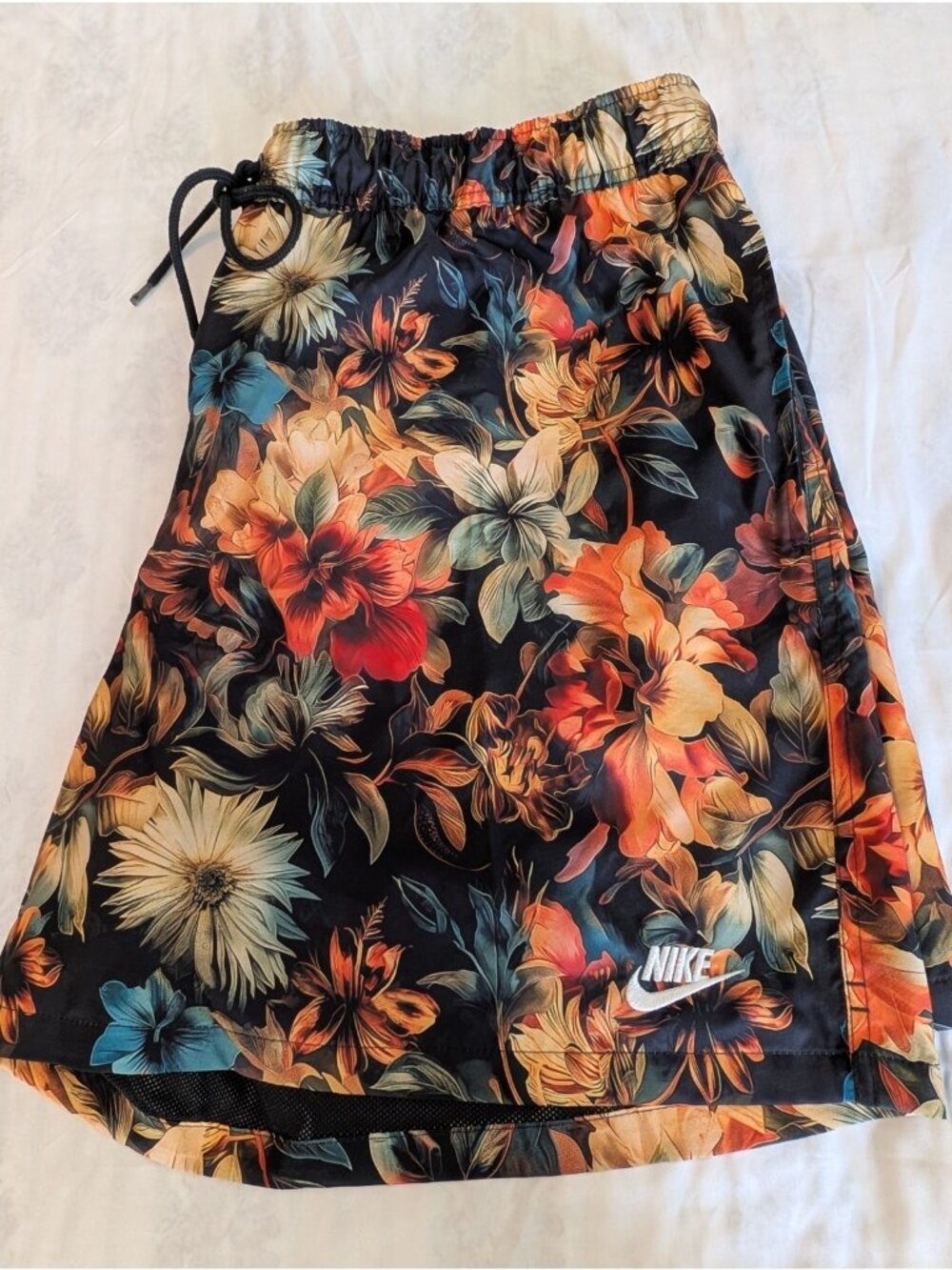 Nike Men's XXL Swim Shorts Floral Print Black Orange Blue Elastic Waist Pocket